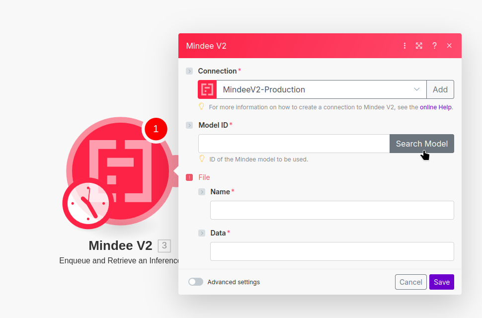 opening the search model for mindee v2 in make.com